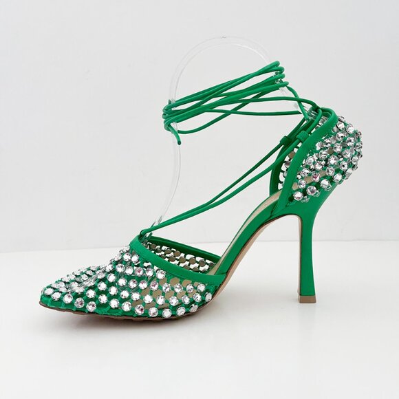 Bottega Veneta Sparkle Stretch Lace-Up Sandal Mesh Crystals Parakeet Green - Picture 10 of 16